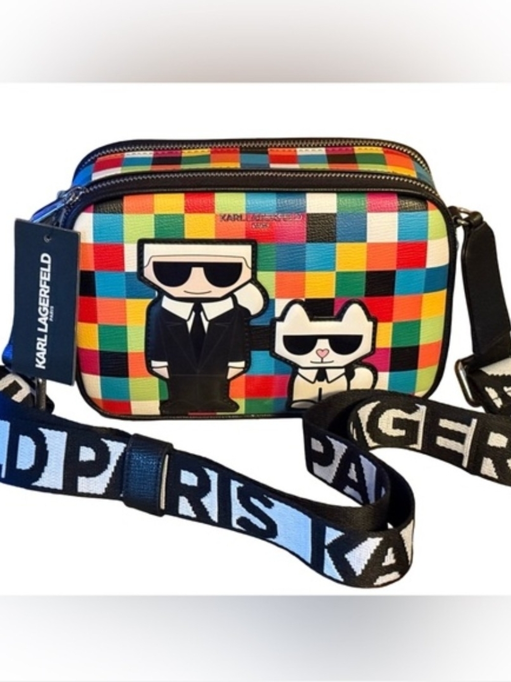 Karl Lagerfeld Multi-Color Checker Crossbody Bag with Guitar Strap-NWT! - Picture 2 of 7